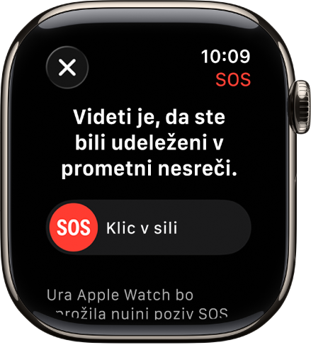 Zaslon aplikacije Zaznavanje prometne nesreče, ki prikazuje drsnik SOS za začetek klica v sili.