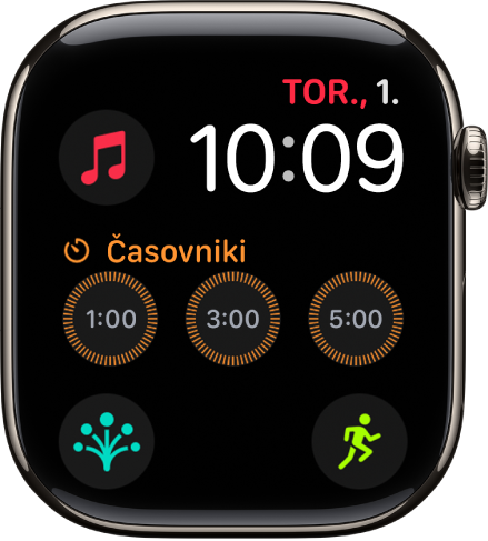 Modularna številčnica, ki prikazuje datum in čas zgoraj desno in 6 komplikacij: Zemlja zgoraj levo, Časovniki na sredini in Vadba, Kompas in Stanje duha na dnu.