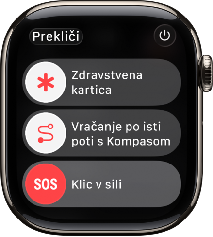 Zaslon službe za nujno pomoč. Blizu vrha je drsnik Zdravstvena kartica, na sredini je drsnik Vračanje po isti poti s Kompasom, na dnu pa je drsnik za klic v sili.