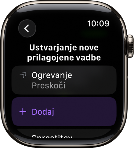 Aplikacija Vadba, ki prikazuje zaslon za ustvarjanje prilagojene vadbe.