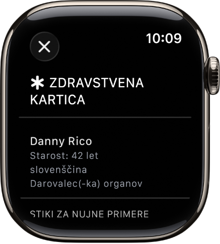 Zaslon Zdravstvena kartica prikazuje ime, starost, jezik, stanje darovalca organov in stike za nujne primere za osebo.