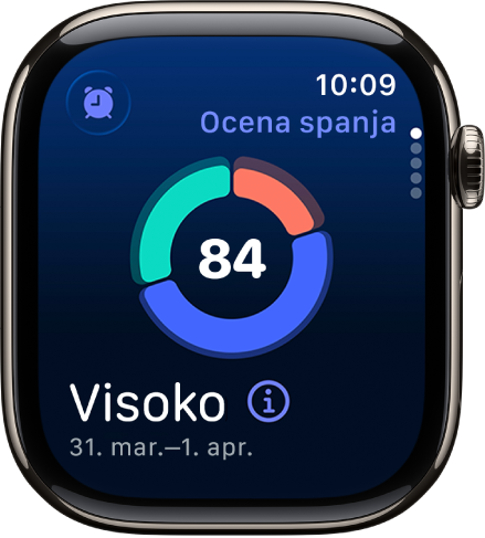 Zaslon rezultata spanja, ki je prikazan rezultat na sredini zaslona. V spodnjem levem delu zaslona se prikažeta ocena in čas spanja.