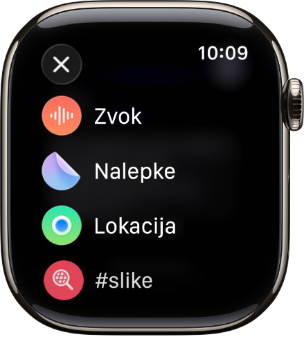 Zaslon Sporočila prikazuje možnosti priponk, kot so zvok, nalepke, lokacija in slike.