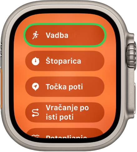 Zaslon za hiter preklop prikazuje dejanja, ki jih je mogoče dodeliti Akcijskemu gumbu, na primer Vadba, Štoparica in Točka poti.