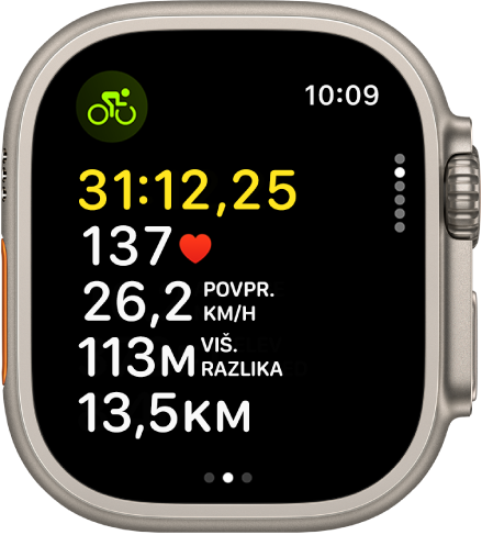 Vadba s kolesarjenjem v teku prikazuje pretečeni čas vadbe, srčni utrip, povprečno hitrost, višinsko razliko in skupno razdaljo.