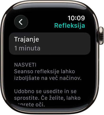 Zaslon aplikacije Čuječnost na vrhu prikazuje 1 minuto. Spodaj so nasveti za izboljšanje seje Razmišljanje.