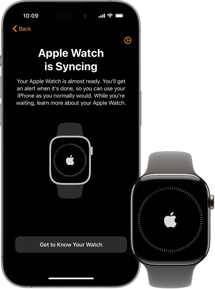 iPhone in ura Apple Watch drug ob drugem. Na zaslonu iPhona je prikazano »Poteka sinhroniziranje ure Apple Watch«. Napredek sinhronizacije je prikazan v uri Apple Watch.