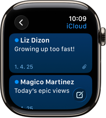 Nabiralnik v aplikaciji Pošta, ki prikazuje dve e-pošti. Gumb nazaj je zgoraj levo, gumb sestavi spodaj desno.
