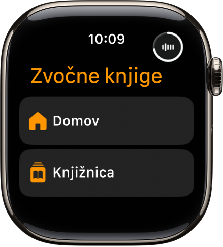 Aplikacija Zvočne knjige, ki prikazuje gumba Domov in Knjižnica.