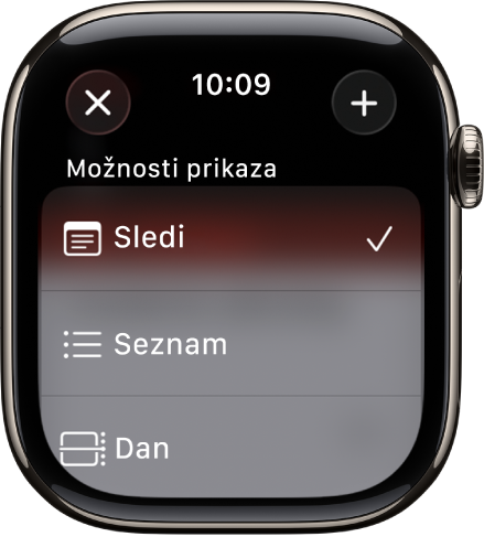 Zaslon koledarja, ki prikazuje Možnosti pogleda – Sledi, Seznam in Dan. Zgoraj desno je gumb Dodaj.