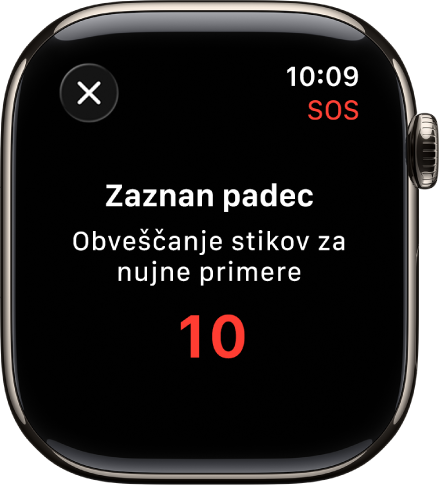 Zaslon, ki prikazuje »Zaznan padec« in odštevanje za obveščanje stikov za nujne primere.