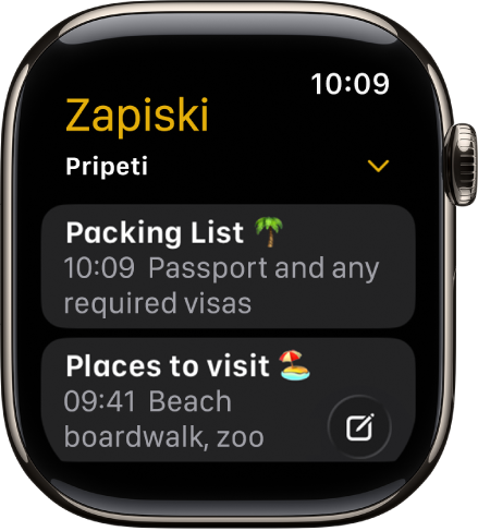 Zaslon aplikacije Zapiski, ki prikazuje dva pripeta zapiska.