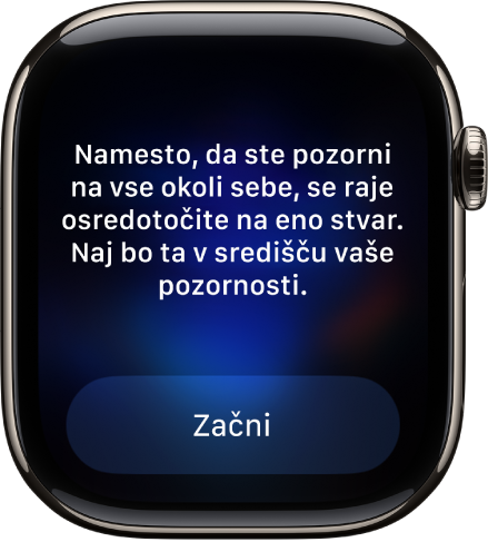 Aplikacija Čuječnost prikazuje misel, ki vam da misliti. Spodaj je gumb Začni.