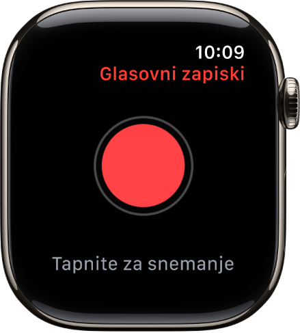 Ura Apple Watch prikazuje zaslon Glasovni zapiski. Rdeč gumb Snemaj je prikazan pri vrhu. Spodaj se prikaže posneti zapisek. Prikazuje čas in dolžino posnetka.