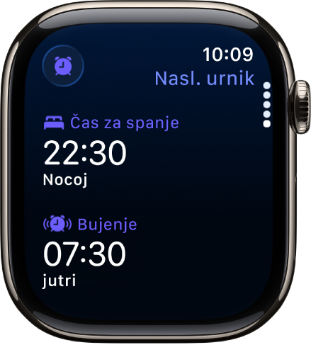 Aplikacija Spanje v uri Apple Watch prikazuje večerni urnik spanja. Čas spanja se prikaže na vrhu, čas bujenja pa pod njim.