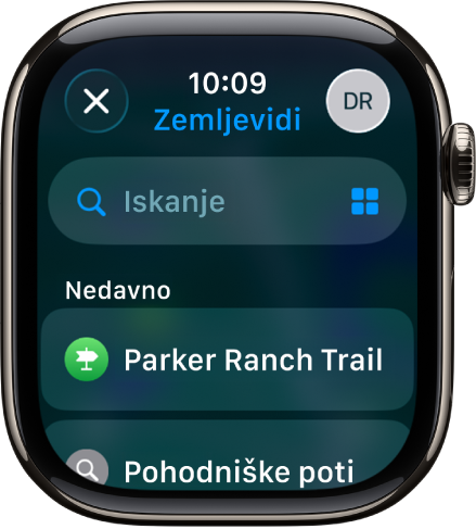 Zaslon Iskanje v aplikaciji Zemljevidi z iskalnim poljem na vrhu. Na dnu se prikaže seznam nedavnih iskanj.