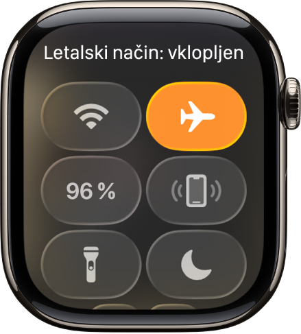 Nadzorno središče s poudarjenim gumbom Letalski način, kar pomeni, da je letalski način vklopljen.