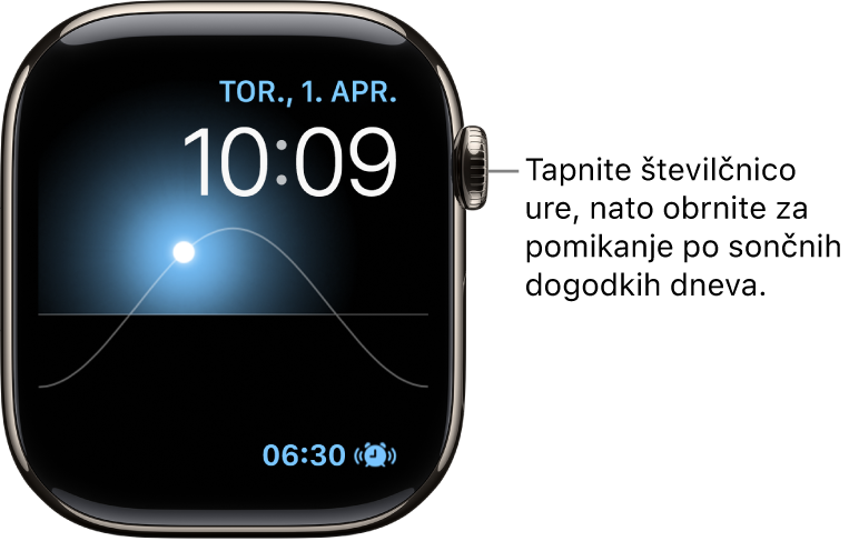 Številčnica Grafikon sonca, ki prikazuje dan, datum in trenutno uro, ki je ni mogoče spremeniti. Spodaj desno je komplikacija Smer Časovnika. Tapnite številčnico, nato obrnite gumb Digital Crown, da premaknete sonce na nebu v mrak, zoro, zenit, sončni zahod in temo.