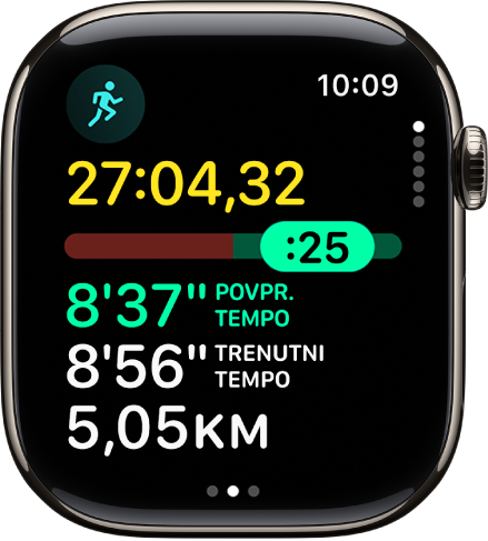 Aplikacija Vadba v uri Apple Watch prikazuje pogled Določen tempo pri vadbi teka na prostem. Na vrhu je trajanje teka. Spodaj je drsnik, ki prikazuje, koliko zaostajate v svojem tempu. Povprečni tempo, Trenutni tempo in Razdalja so spodaj.