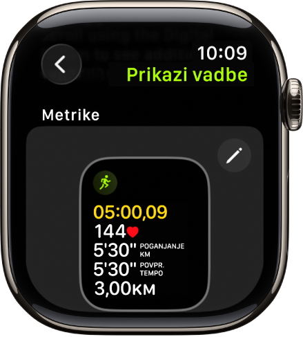 Zaslon Pogledi vadbe, ki prikazuje pogled vadbe Meritve za vadbo Pohodništvo.