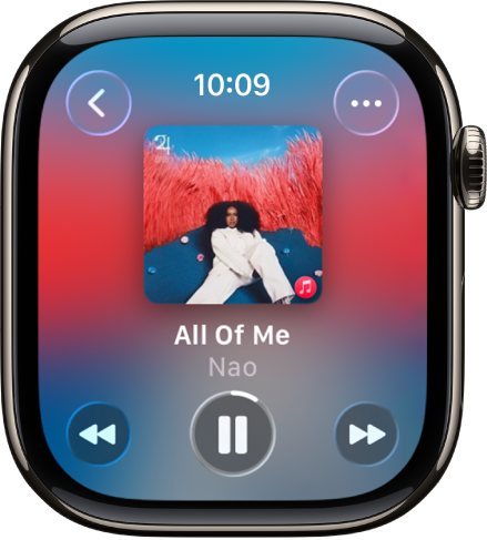 Skärmen Spelas nu visar bildmaterial för ett album med låttitel och artistnamn nedanför. Mediereglagen finns längst ned. Överst till höger finns knappen Fler alternativ. Tillbakaknappen finns uppe till vänster.