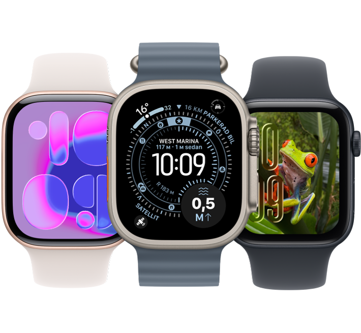 Frän vänster till höger visar en Apple Watch urtavlan Flöde, en Apple Watch Ultra visar urtavlan Hållpunkt och en Apple Watch visar urtavlan Bilder.