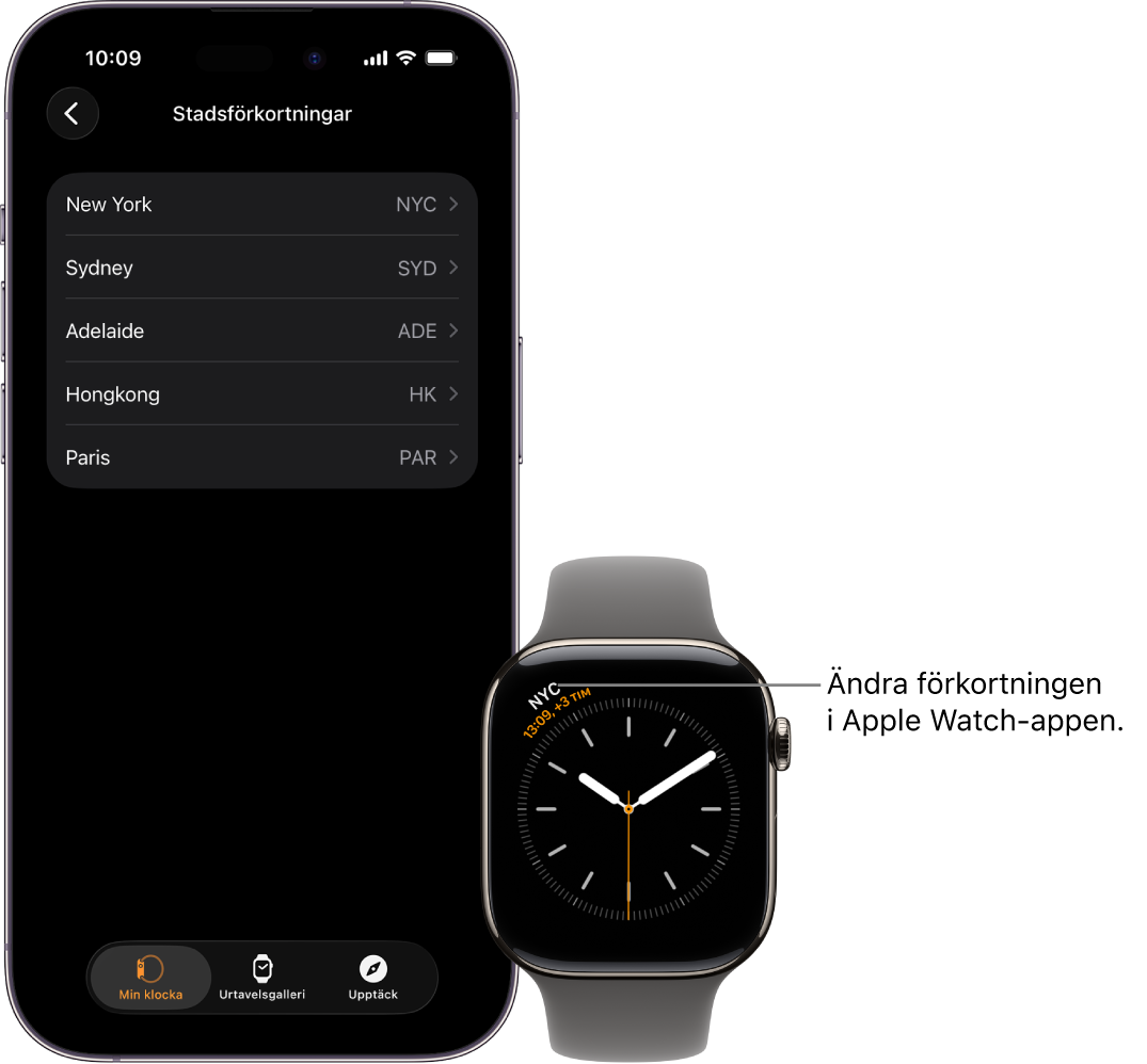 En iPhone och Apple Watch bredvid varandra. Apple Watch-skärmen visar tiden i New York, med förkortningen NYC. iPhone-skärmen visas listan över städer i inställningarna för Klocka i Apple Watch-appen.
