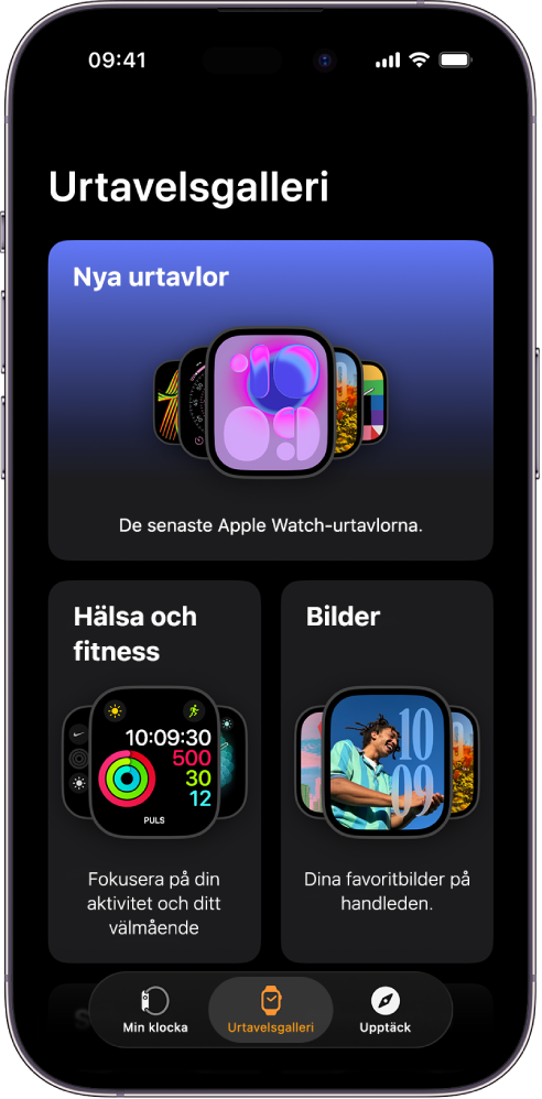 Apple Watch-appen öppnas och urtavelsgalleriet visas. Den översta raden visar nya urtavlor och nästa rad visar urtavlor grupperade efter typ, exempelvis Hälsa och fitness och Bilder. Om du rullar visas fler urtavlor grupperade efter typ.