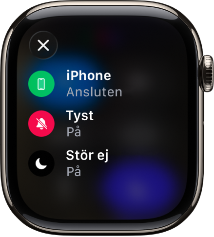 Statusdetaljerna visar att iPhone är ansluten, Platstjänster används av Meddelanden, Tyst läge är på och Stör ej är på.