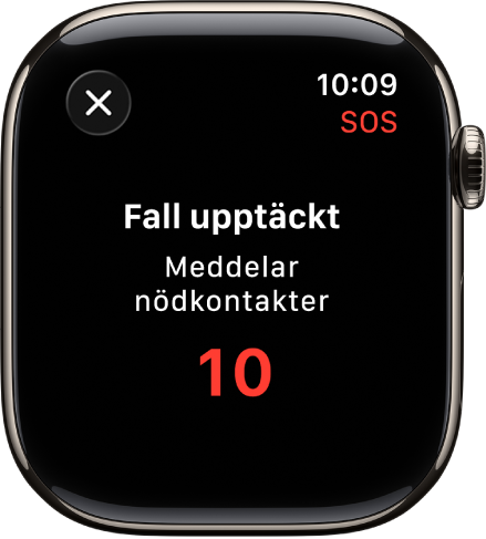En skärm visar ”Fall upptäckt” och en nedräkning för att meddela nödkontakter.
