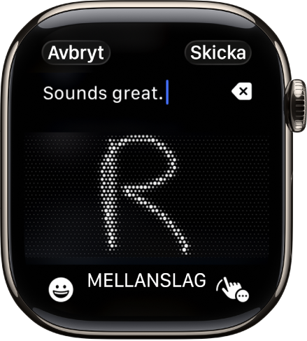 Textfältsskärmen visar ett meddelande som har skrivits för hand. Knapparna för emojier och handskrift finns längst ned på skärmen.