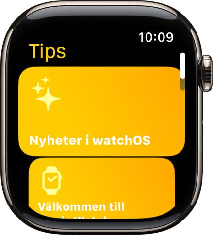 Tips-appen visar Tips-samlingar som Välkommen till Apple Watch.