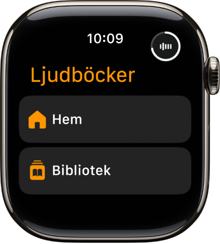 Appen Ljudböcker visar knapparna Hem och Bibliotek.
