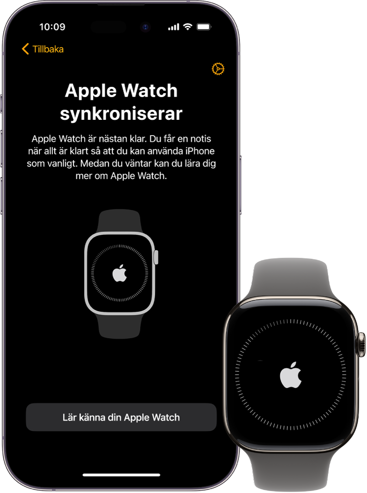 En iPhone och Apple Watch med skärmarna för synkronisering.