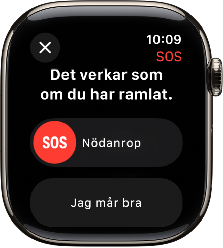 Skärmen för falldetektering visar SOS-reglaget för att starta ett nödanrop och knappen Jag mår bra.