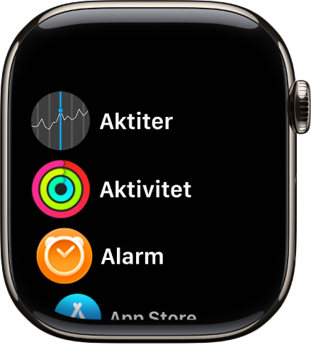 Hemskärmen i listvy med appar i alfabetisk ordning.