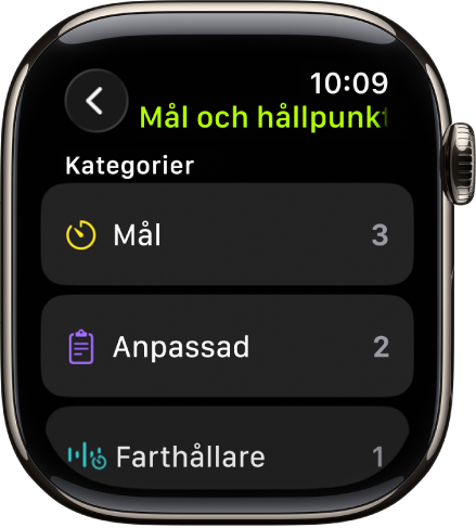 Appen Träning visar skapade mål, anpassade träningar och en farthållarträning.