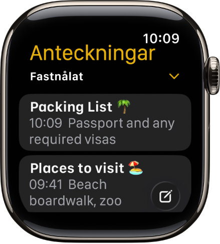 En lista med anteckningar med fastnålade anteckningar högst upp.