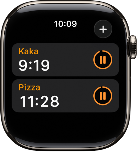Två timers i appen Timers. Återstående tid visas under namnet på varje timer och det finns pausknappar till höger om dem. En lägg till-knapp finns överst till höger.