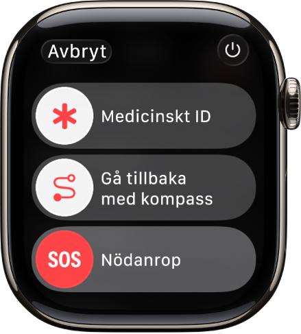 Skärmen för räddningstjänst. Nära överkanten finns reglaget Medicinskt ID, i mitten reglaget Gå tillbaka med kompass och längst ned reglaget Nödsamtal.