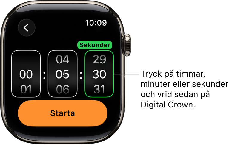 Inställningar för att skapa en anpassad timer, med timmar till vänster, minuter i mitten och sekunder till höger. Knappen Starta är nedanför.