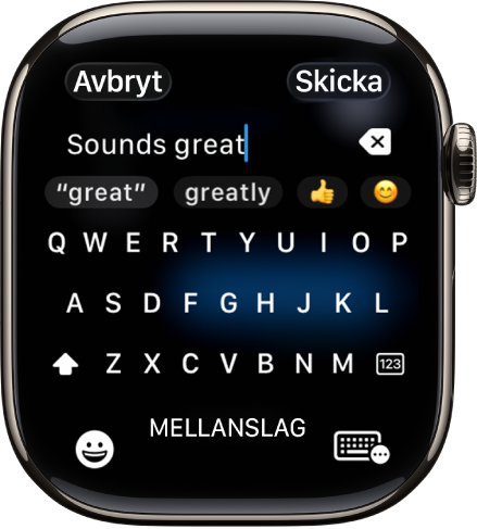 Textfältsskärmen visar ett meddelande som har skrivits med skärmtangentbordet. Knapparna för emojier och skärmtangentbordet finns längst ned på skärmen.