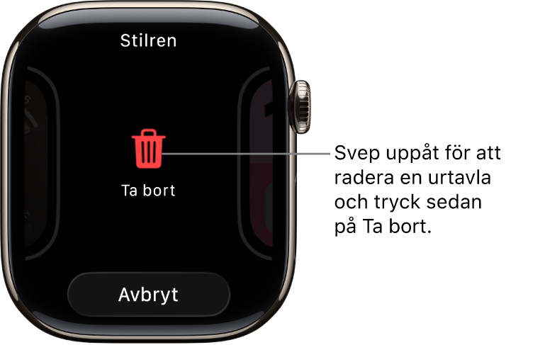Skärmen Apple Watch med knapparna Ta bort och Avbryt som visas när du sveper till en urtavla och sedan sveper den uppåt för att radera den.
