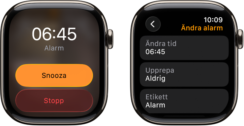 Två klockskärmar: Den ena visar en urtavla med snooze- och stoppknappar och den andra visar inställningarna för att ändra alarm med knapparna Ändra tid, Upprepa och Etikett nedanför. Längst ned finns ett snoozereglage.