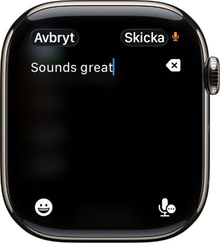 Textfältsskärmen visar ett meddelande som har dikterats. Knapparna för emojier och diktering finns längst ned på skärmen.