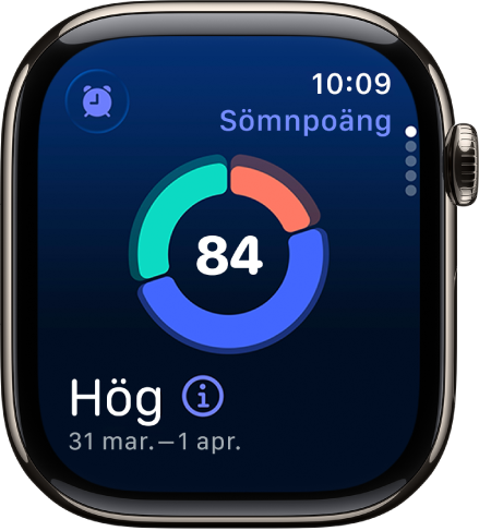 Sömnpoängskärmen visar en poäng i mitten på skärmen. Ett betyg och tiden du sovit visas i det nedre vänstra hörnet på skärmen.