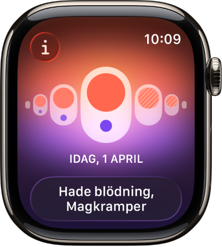 En skärm i appen Cykelkoll visar en loggad mens med loggade symptom i nederkanten på skärmen.