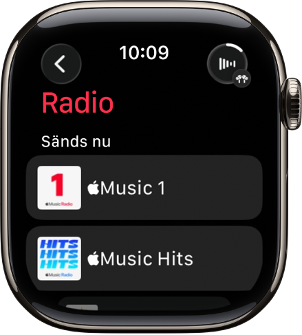 Skärm i Radio med tre Apple Music-stationer. Överst till höger finns knappen Spelas nu. Tillbakaknappen finns uppe till vänster.