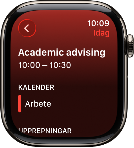 Kalenderskärmen visar en ny aktivitet. Namnet på aktiviteten är överst och tidpunkten för aktiviteten finns nedanför. Nedanför rubriken Kalender visas aktivitetens datum och namnet på den kalender som aktiviteten tillhör.