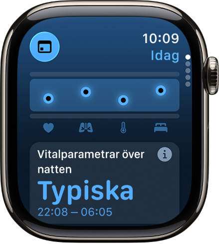 En skärm i appen Vitalparametrar visar hälsovärden under natten.